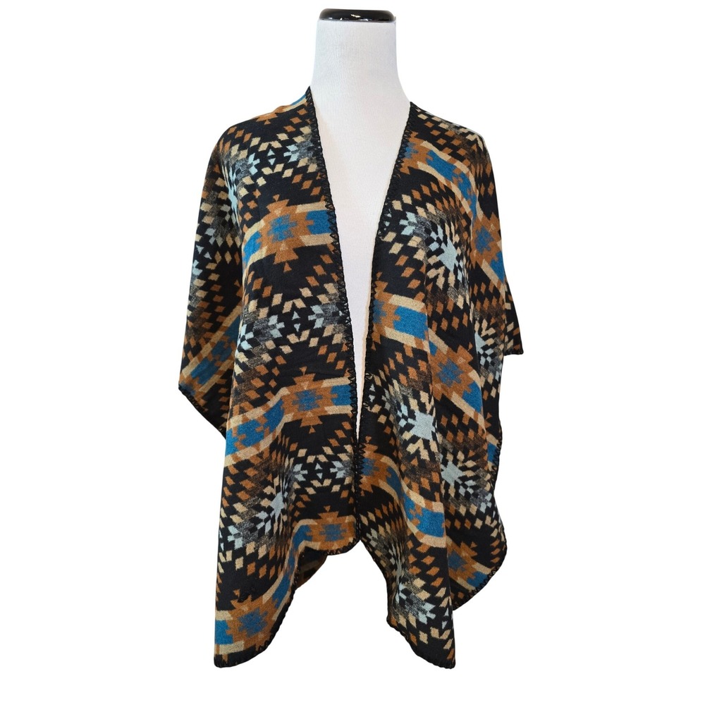 FADIVO NEW YORK Southwest Print Open Front‎ Poncho Shawl Wrap New